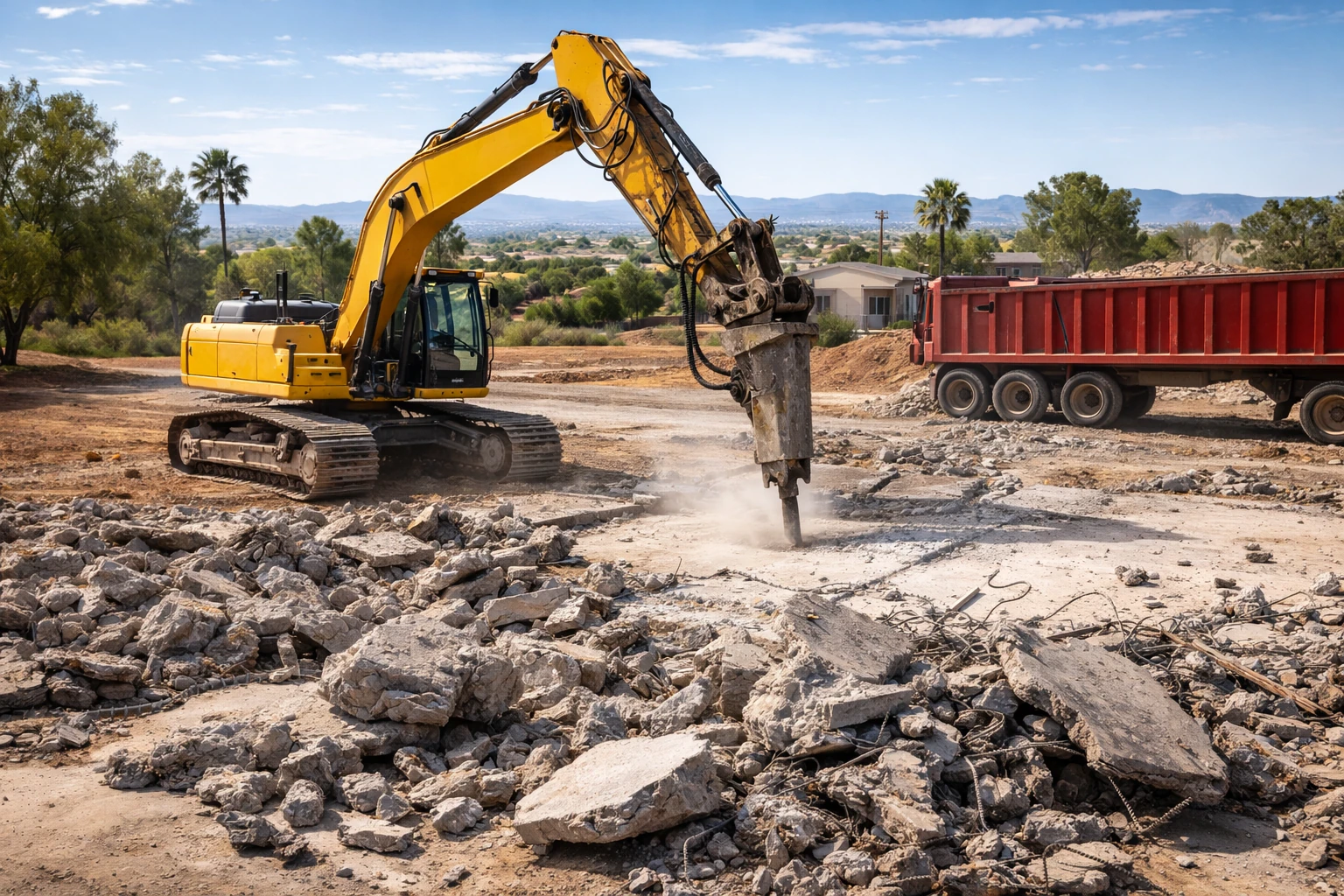 Demolition contractors removing concrete and preparing a site in Phoenix Arizona